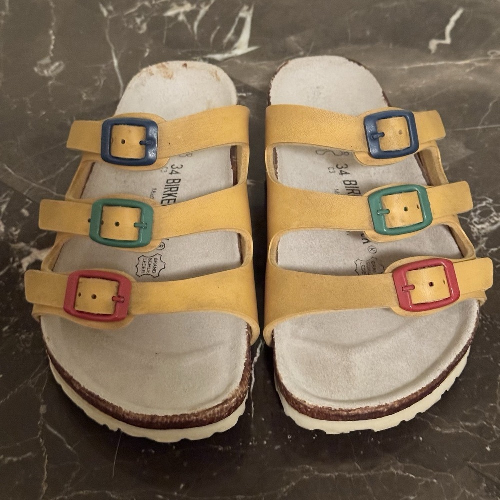 Birkenstock Kids Yellow Triple Strap Sandals with Multicolor Buckles